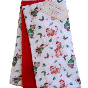 Cupcakes and Cashmere Kitchen Towels 3 Pc Set Christmas Cats Kittens Cotton NWT